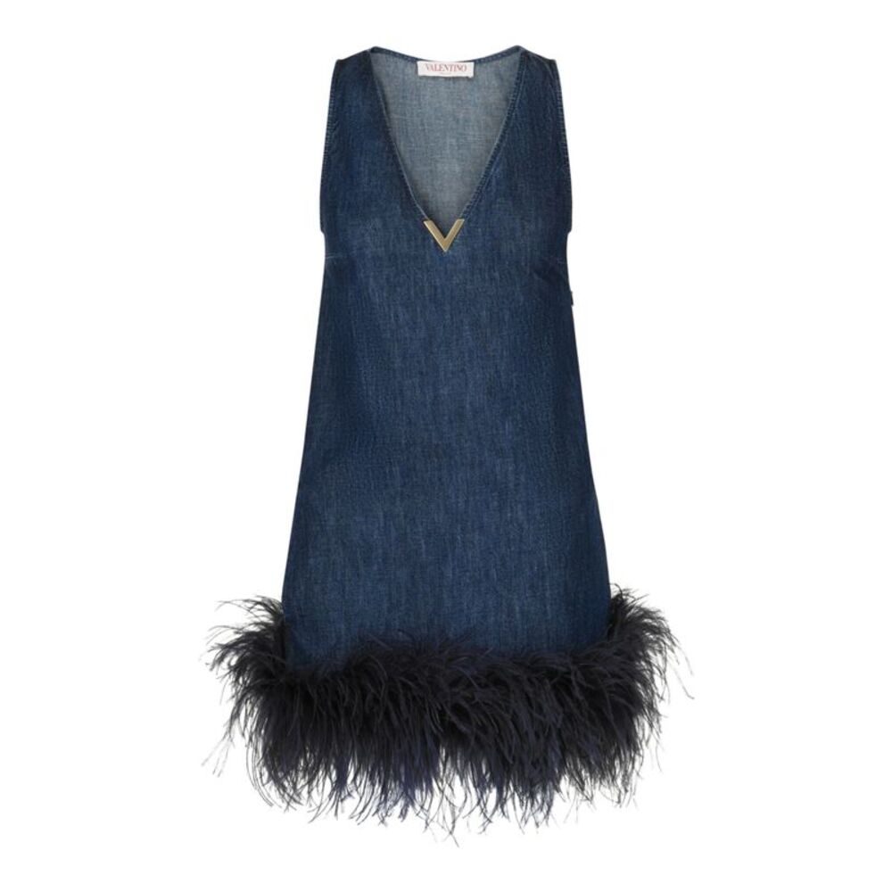 Valentino Denim Feather-Trim Mini Dress Blue Womens